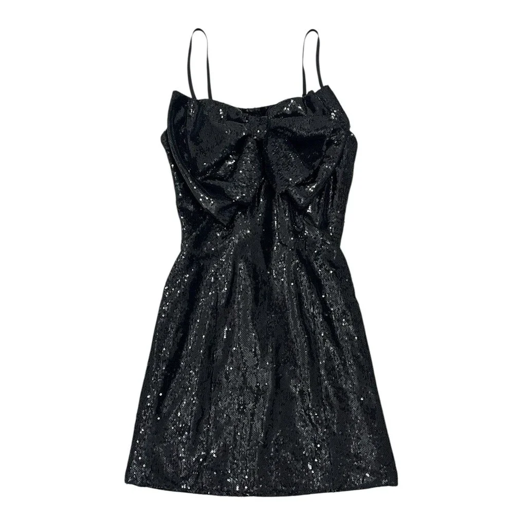 RONNY KOBO Sequin Embellished Lindsay Bow Front Mini Dress Black Women’s Size S